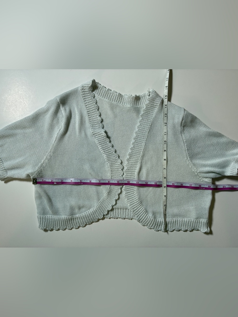 SHEIN Curve Open Front Cropped Knit Cardigan Scallop Trim White 0XL Plus - Picture 5 of 10